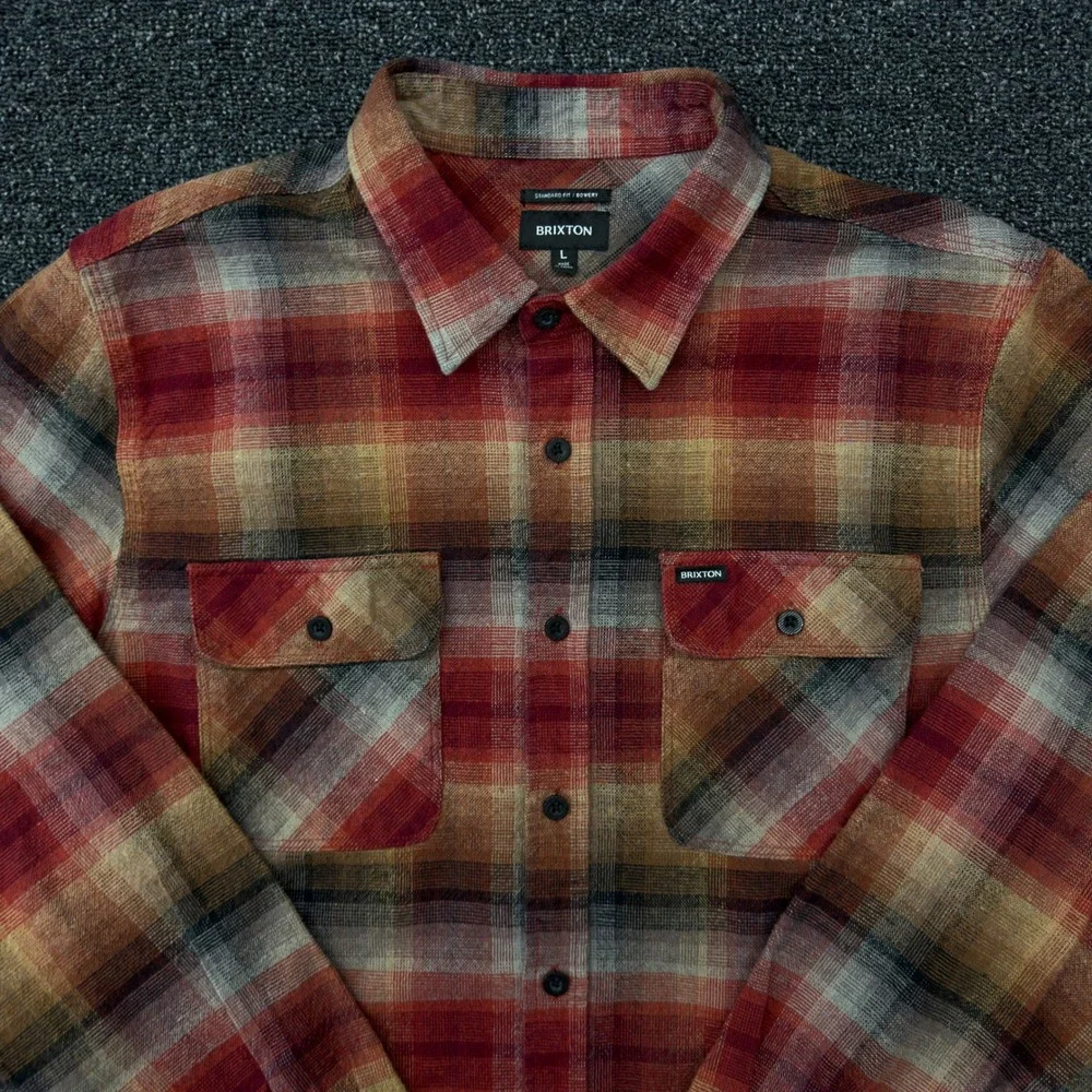 Brixton Bowery Flannel Shirt Mens Large Red Orange Plaid Long‎ Sleeve Button Up